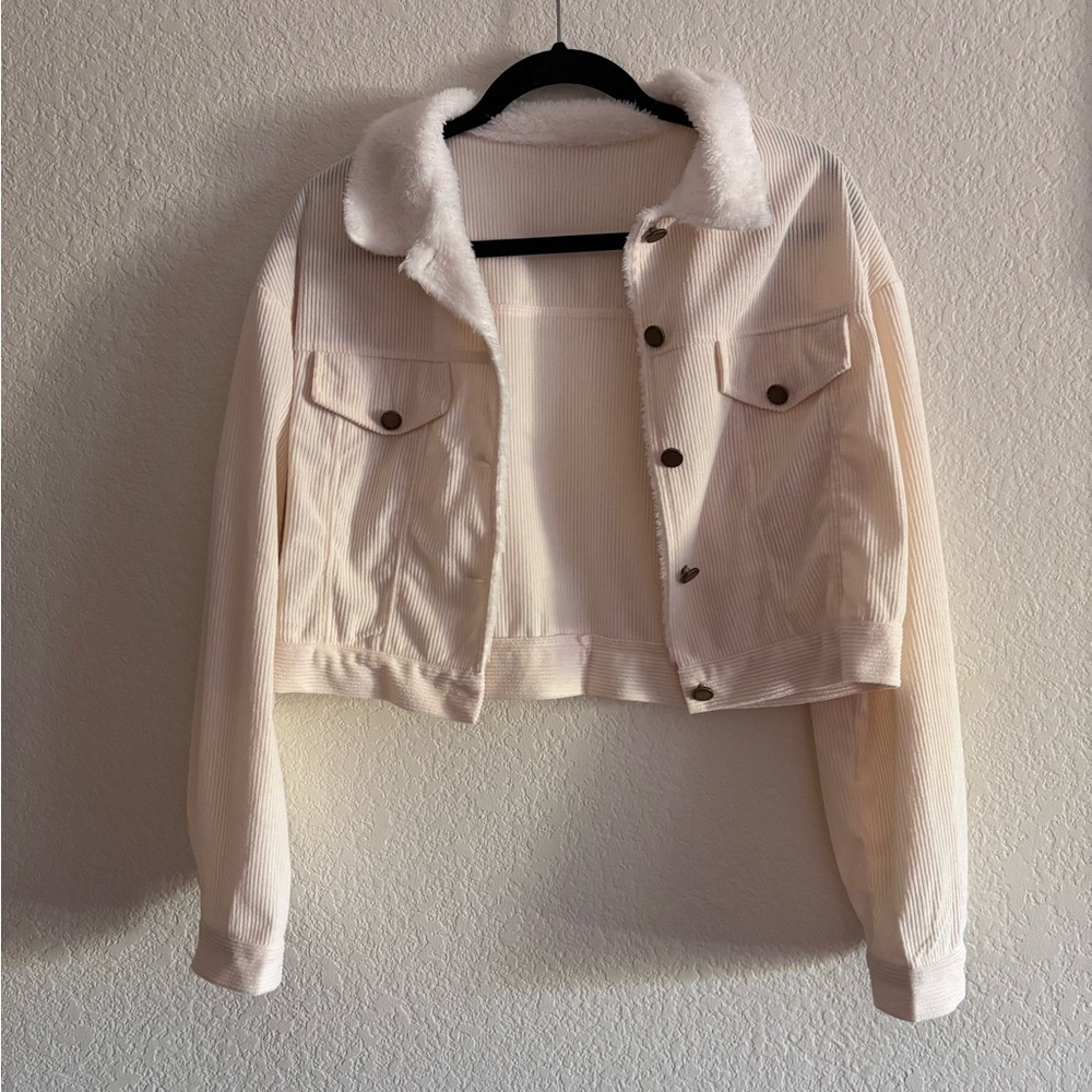 Women's Cream Jacket with Faux Fur Collar
